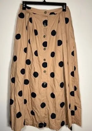 WHO WHAT WEAR Midi Skirt 4 Tan Black Polka Dot Button Front Cotton Retro A-Line‎ thumbnail 1