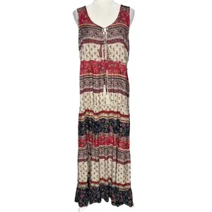Beach Lunch Lounge Maxi Dress M Tiered Rust Tan Batik Sleeveless Hippie Boho thumbnail 3