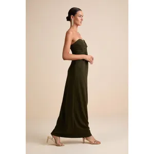 NWT Lulus Thula Dark Olive Cutout U-Bar Column Maxi Dress Strapless Gala Size L thumbnail 8