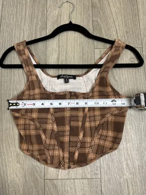 Brown Plaid Crop Top Hook and Eye Front Size Small | Grunge thumbnail 7