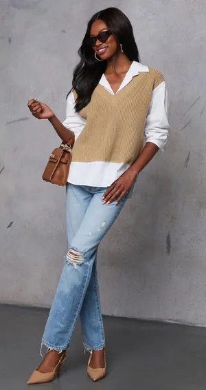 VICI Iced Chai Long Sleeve Sweater Vest Top thumbnail 1
