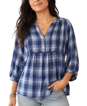 Wrangler Blue White Black Plaid Pintuck Blouse Western Boho Size Medium thumbnail 1
