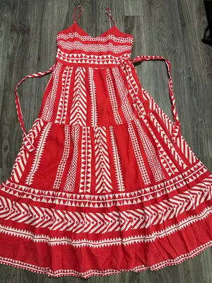 Vero Moda Soft Red & White Cotton Maxi Dress – Boho Geometric Print. thumbnail 9