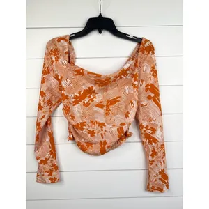 Open Edit Orange White Cowl Neck Long Sleeve Top XXS Smocked Back thumbnail 2