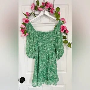 Sienna Sky Green Off the Shoulder Cottage Smocked Babydoll Mini Dress Speckled - Medium thumbnail 2