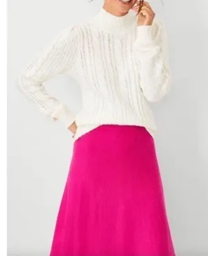Ann Taylor Chunky Cable Knit Mock Neck Puff Sleeve Sweater Preppy White XS thumbnail 1
