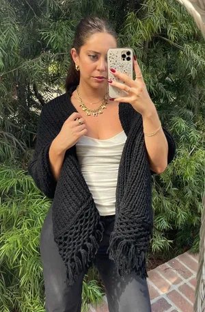 Free People Black handmade crochet shawl poncho with fringe thumbnail 2