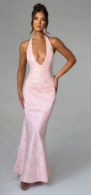 NWT Babyboo Josephine Blush Pink Formal Gown A-Line Halter Maxi Dress Size M thumbnail 1