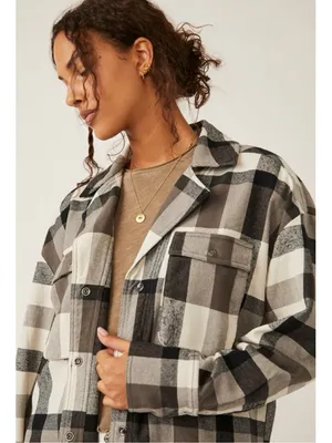 We The Free Free People Izzie Plaid Oversized Cargo Shirt Jacket Shacket Large Grunge 90s thumbnail 2