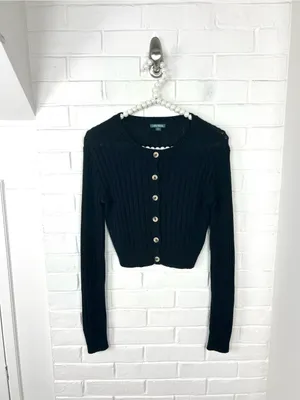 Wild Fable Black Ribbed Knit Cropped Cardigan Sweater Size M thumbnail 2