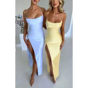 NWT Babyboo Misha Lemon Yellow Satin Strappy Open Back High Slit Maxi Dress Sz M thumbnail 4