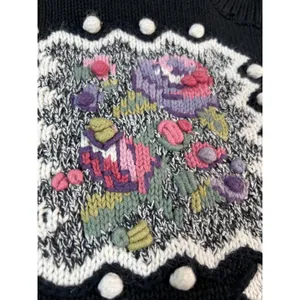 Vtg 90s Grandma Sweater L Black‎ Floral Ramie Cotton Textured Patchwork Cottage thumbnail 12