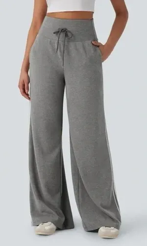 Halara Ribbed High Waisted Drawstring Wide Leg Fleece Trousers Gray S thumbnail 1
