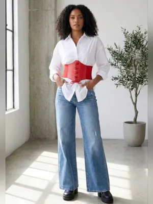 Corset Style Wide Girdle‎ Red Fashion Elastic Faux Leather Skinny Elastic Waist thumbnail 3