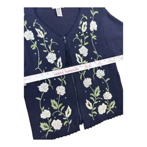 Worthington Vintage Navy Blue Floral Embroidered Zip Up Tassel Cardigan Large thumbnail 4