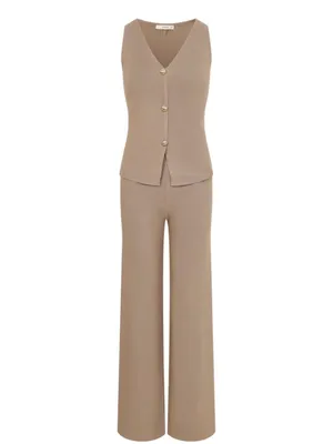 Knit 2 Piece Set Gold Button Vest Top Wide Leg Pants Chic Lounge Outfit L thumbnail 2