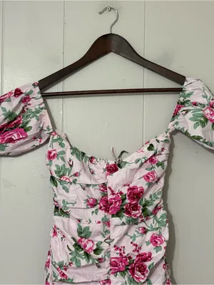 Hello Molly Find An Oasis Mini Dress Pink Floral Puff Sleeve Ruched Size M NWT thumbnail 13