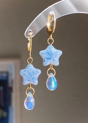 Handmade quality unique vintage rare Czech glass beads style dangle earrings🩵 thumbnail 1