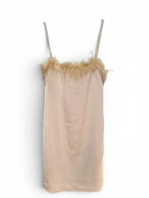NWT Charmed Hearts Waiting All Night Satin Feather Dress Beige L thumbnail 6
