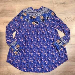 Free‎ People Wildflower Fields Henley Tunic Blouse Blue Floral Size Medium M thumbnail 2