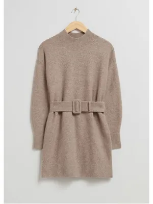 & Other Stories Beige Knit Sweater Dress M Belted Mock Neck Thick Oversized Prep thumbnail 4