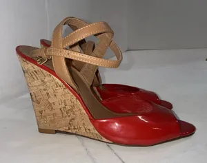 Tory Burch Red Patent Leather Cork Wedge Ankle Strap Peep Toe Sandals size 7.5 M thumbnail 1