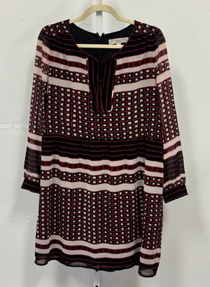 Ann Taylor LOFT Petites Geometric Tile Stripe Chiffon Dress Red Black White LP thumbnail 1