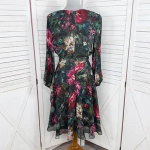 Maison Tara Dark Floral Pleated Sleeve Chiffon Fit Flare Dress Black Multi 10‎ thumbnail 6