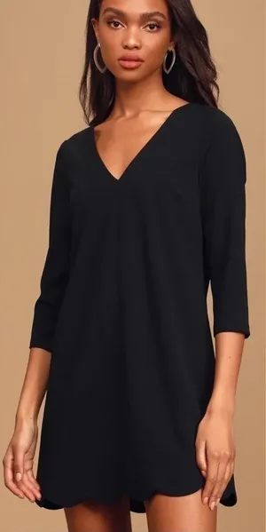 Lulus Love It All Three-Quarter Sleeve Scalloped Shift Dress in Black‎ Size XS thumbnail 1