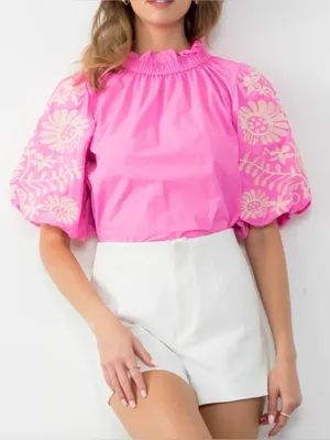 New With Tags THML Embroidered Puff Sleeve Top Sz S thumbnail 1
