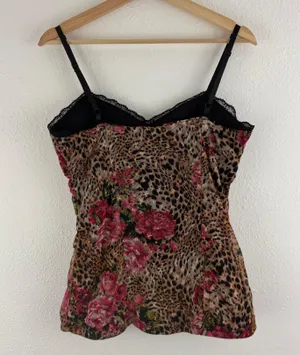 No Boundaries Vintage Y2K Brown Pink Leopard Rose Corset Style Mesh Babydoll Cami Tank Top thumbnail 6