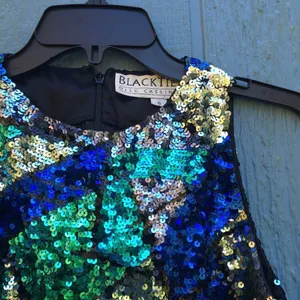 Oleg Cassini Black Tie Vintage Blue Green Sequin Sleeveless Dance Bodysuit S v6x thumbnail 3