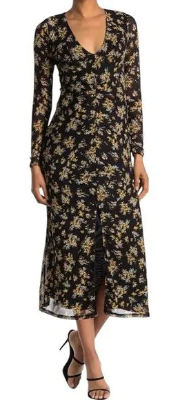 AFRM Tezza‎ Black and Gold Floral Mesh Long Sleeve Ruched Midi Dress size Small thumbnail 1
