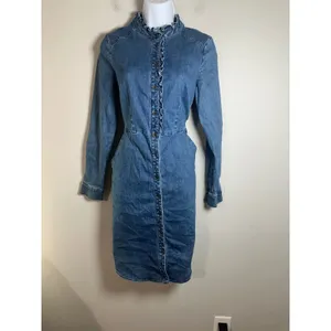 Boden Womens Blue Denim Ruffle Neck Button Front‎ Long Sleeve Shirt Dress US 4R thumbnail 2