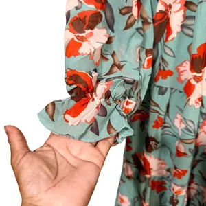 Floral Ruffle V-Neck Maxi Dress Sage Green Boho Tiered Empire Waist Small thumbnail 4