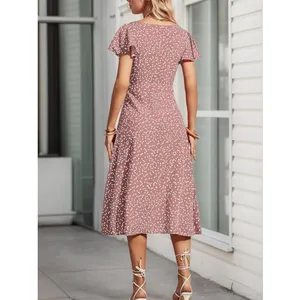 NWT ~ Rose Pink A-Line Midi Dress Button Front Short Flutter Sleeves ~ LARGE thumbnail 3