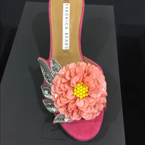 NEW Veronica Beard Sequined flower spring suede mules pink thumbnail 2