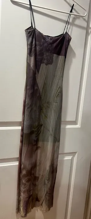 Sheer Marble-Print Maxi Slip Dress in Mauve and Gray thumbnail 1