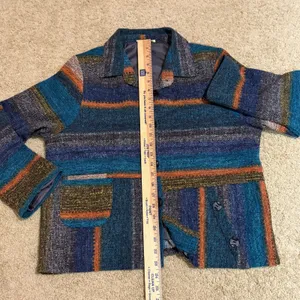 Trisha Tyler Knit Jacket‎ Blue Orange Multi Striped Button Front blazer Funky Size L thumbnail 8