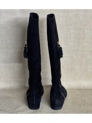 Stuart Weitzman Black Suede Leather Hidden Wedge Tall Tassel Boots Size 9 EUC thumbnail 4