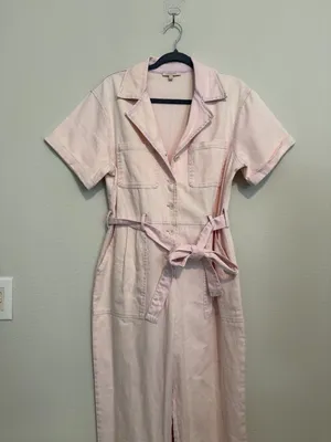 Free People Light Pink Denim Short Sleeve Jumpsuit with Belt thumbnail 4