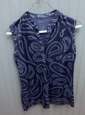 Nike Dri-FIT Women Sleeveless Paisley Polo Shirt Navy Blue Grey Small Split Neck thumbnail 1