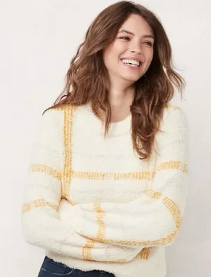 LC Lauren Conrad White and Yellow Fluffy Crew Neck Sweater - Size Small thumbnail 1