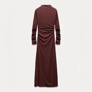 NWT Zara Draped Long Ruched Maxi Dress in Tobacco Brown Size XS thumbnail 8