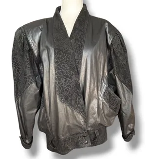 Vintage 80s Black Leather Jacket Suede Embossed Oversized Batwing Belted Moto thumbnail 1