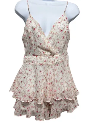 Alter'd State Women Babydoll Cottage Romper‎ M Ivory Pink Floral Ruffle Romantic thumbnail 1