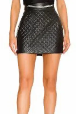 Amanda Uprichard Quilted Faux Leather Mini Skirt in Black with Silver Chain thumbnail 1