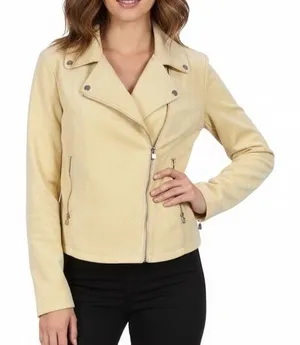 Laundry by Shelli Segal‎ Butter Yellow Faux Suede Motorcycle Jacket XL Biker thumbnail 1