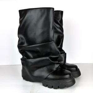 Azalea Wang Mate Boots Womens 11 Black Ruched Mid Calf Lug Sole Moto Y2K Gothic thumbnail 5