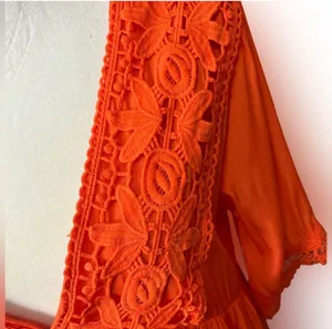 Embroidered V- neck mini dress orange with crochet lace hem sleeves thumbnail 5